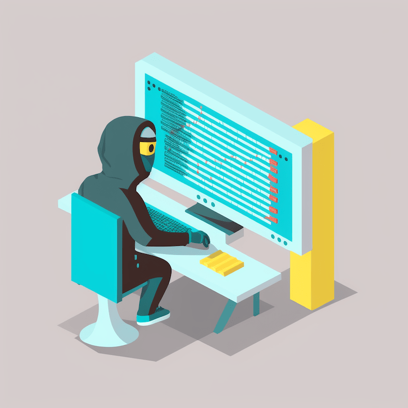 a cartoon person sitting at a computer desk dressed as a hacker accessing the computer