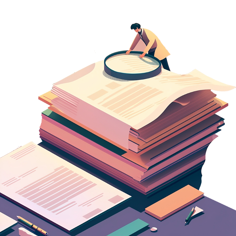 a miniture cartoon man holding an oversized magnifying glass standing on top of a stack of documents searching